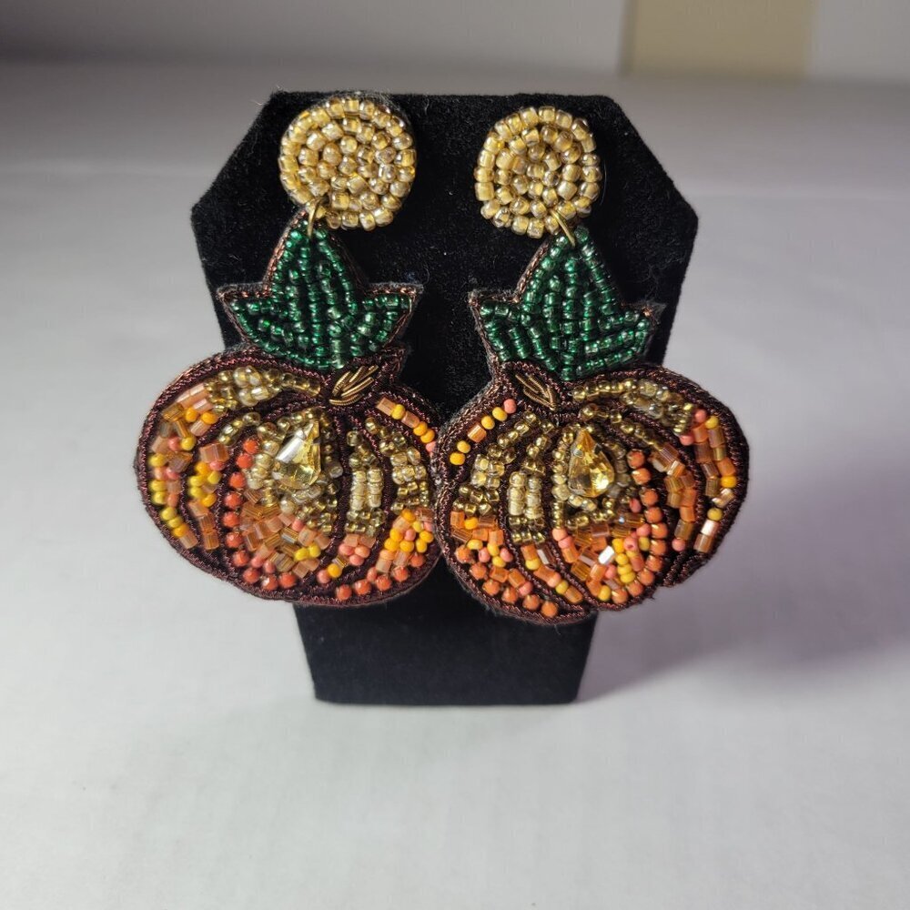 Handcrafted Beaded Pumpkin Statement Earrings Lightweight Festive Fall Jewelry
